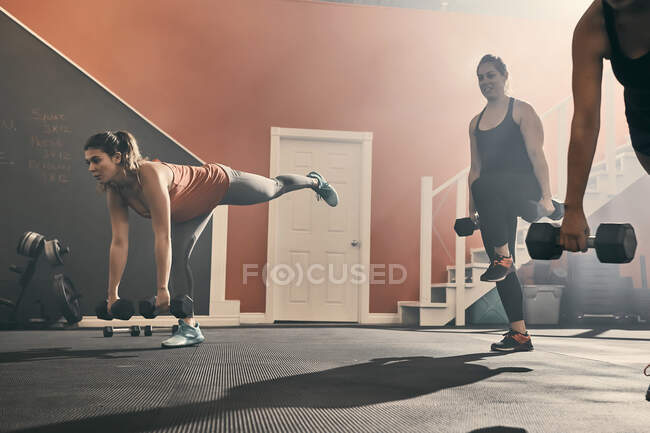 Group of women in gym exercising using dumbbells — Stock Photo