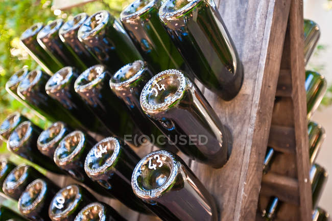 Wine bottles in wine rack outdoors — Stock Photo
