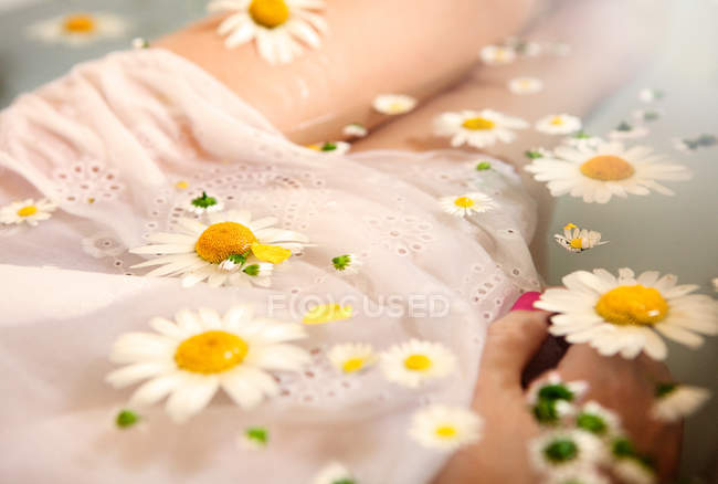 Cropped image of woman in water with daisies floating on surface — Stock Photo