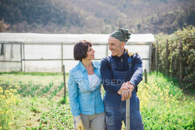 Зріла пара посміхається в овочевому саду — стокове фото