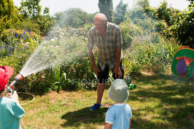 Grandsons spraying grandfather with hosepipe — Stock Photo