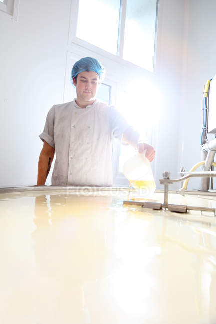 Fabricante de queso añadiendo cuajo al queso cuajado en la cuba - foto de stock