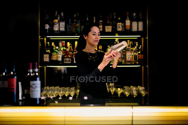 Young barmaid preparing cocktail in boutique hotel cocktail bar — Stock Photo