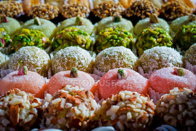 High angle close up of a selection of almond sweets in Palermo, Sicily. — Stock Photo