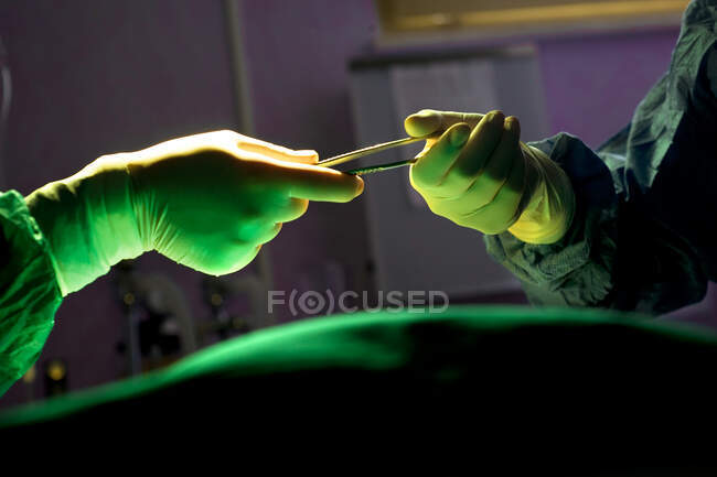 Close up de enfermeira entregando um bisturi ao cirurgião na sala de operações. — Fotografia de Stock
