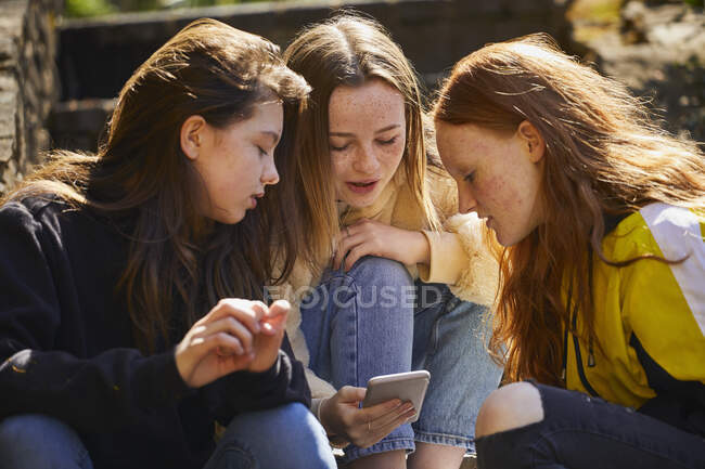Три девочки сидят на улице, проверяют свои мобильные телефоны. — стоковое фото
