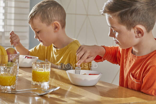 Dos chicos sentados en la mesa de la cocina, desayunando. - foto de stock