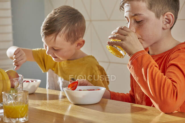 Deux garçons assis à la table de la cuisine, petit déjeuner. — Photo de stock
