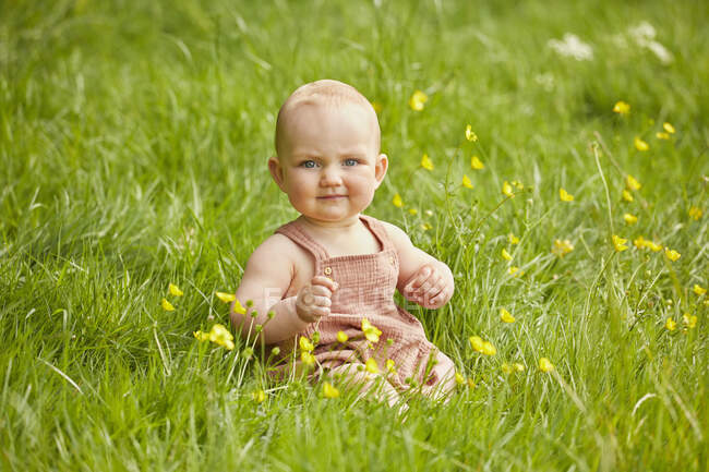 Portrait of baby girl sitting in a meadow. — Stock Photo