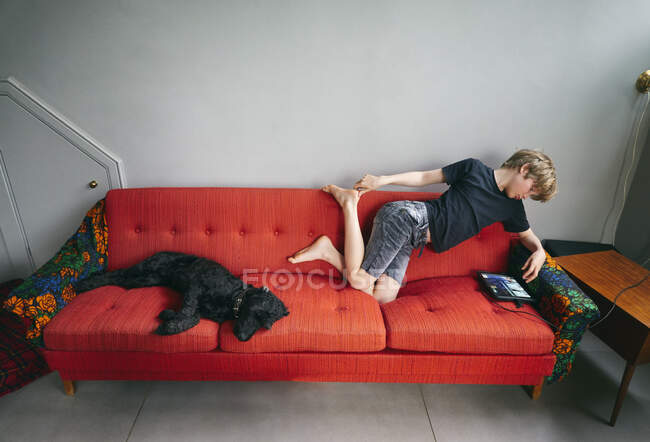 Вид мальчика и чёрной собаки, лежащих на красном диване, Вастерботтен-Лан, Швеция. — стоковое фото