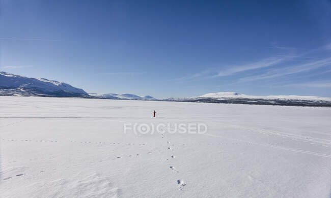 Дистанционный вид мальчика, идущего по замерзшему озеру в Вастерботтенс Лан, Швеция. — стоковое фото
