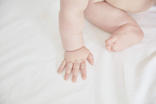 High angle close up of a baby's bare arm and leg. — Stock Photo