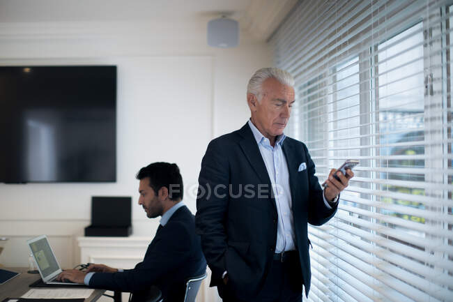 Dois homens de negócios em um escritório, digitando no laptop olhando pela janela. — Fotografia de Stock
