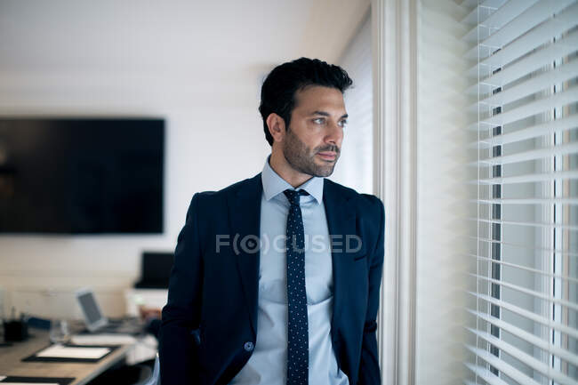 Homem de negócios barbudo vestindo terno e gravata em pé por uma janela. — Fotografia de Stock
