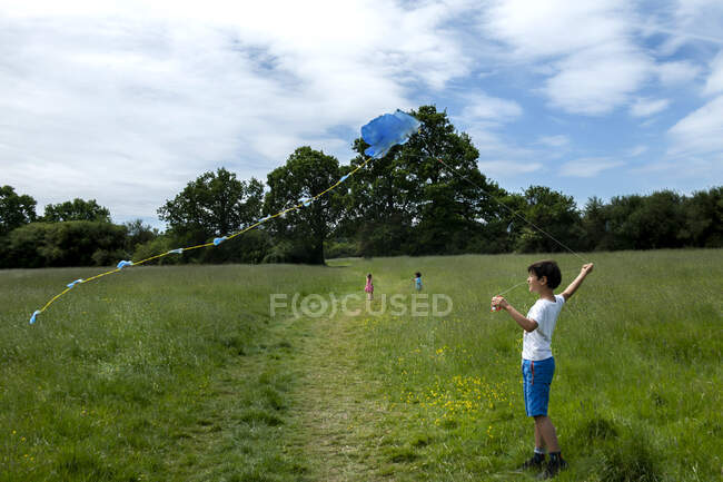 Junge steht auf einer Wiese und fliegt blauen Drachen. — Stockfoto