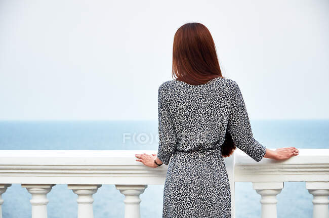 Вид сзади на женщину с длинными каштановыми волосами, стоящую на балконе у океана. — стоковое фото
