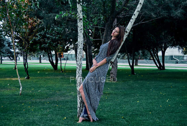 Retrato de mulher com cabelo castanho longo, vestindo vestido longo, encostado à árvore no parque. — Fotografia de Stock