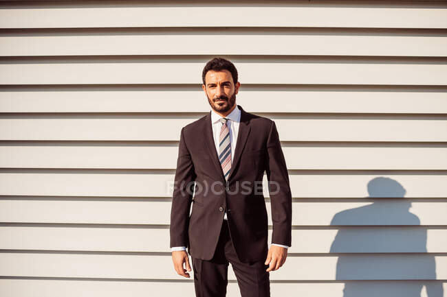 Porträt eines bärtigen Geschäftsmannes im dunklen Anzug, der in die Kamera blickt. — Stockfoto