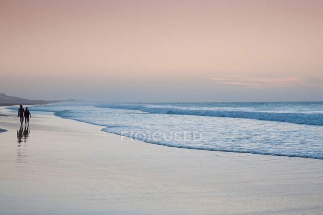 People walking on beach at dusk — Stock Photo