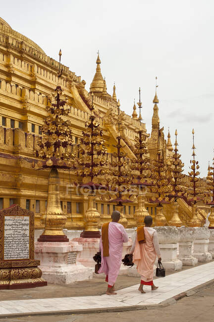 Freiras passando Shwezigon Pagoda, Bagan, Mianmar — Fotografia de Stock