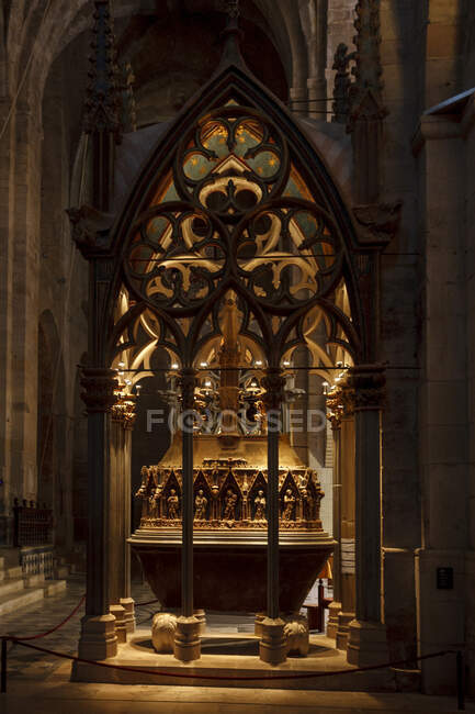Gewölbe und Gräber, Könige von Katalonien und Aragon Pere II (1305), gotische Kirche, Zisterzienserkloster, Santes Creus, Aiguamurcia, Katalonien, Spanien — Stockfoto