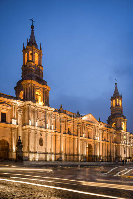 Cathedral at night, Arequipa, Peru, South America — Stock Photo