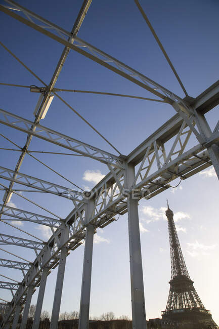 Эйфелева башня, река Мбаппе, Бато Фаш, мост Дебилли, Париж, Франция — стоковое фото