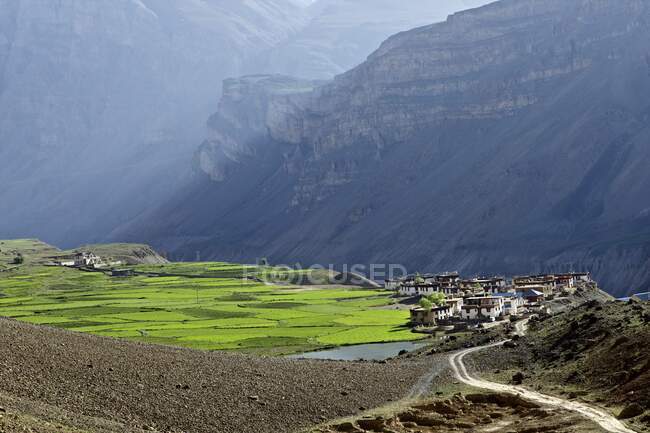 Campos e aldeia perto de Kibber, Himachal Pradesh, Índia, Ásia — Fotografia de Stock