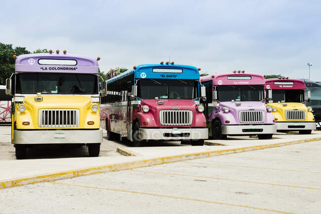 Припарковані, кольорові автобуси, Тулум, Мексика. — стокове фото