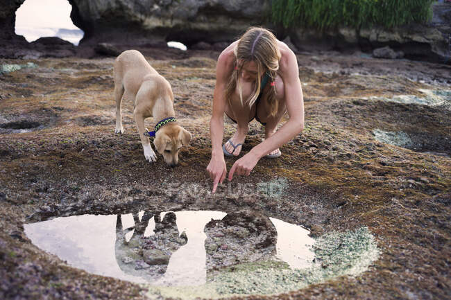 Donna che guarda nella piscina rocciosa, cane accanto a lei, Nusa Ceningan, Indonesia — Foto stock
