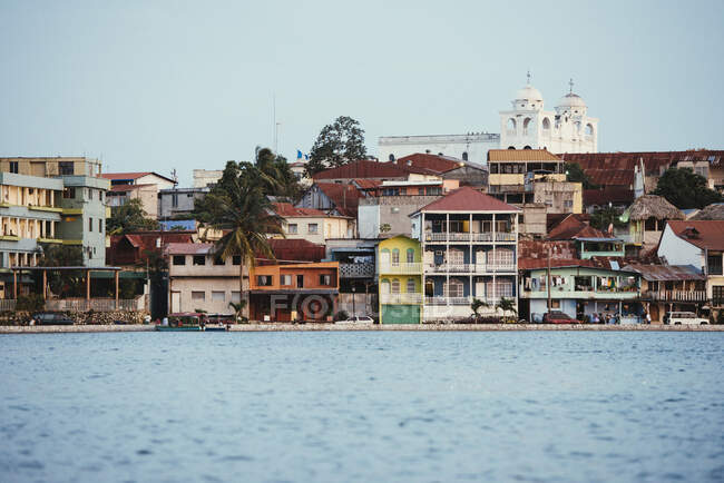 View of waterfront and town, Flores, Guatemala, Central America — Stock Photo