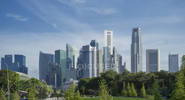 Blick auf Park und Wolkenkratzer-Skyline, Singapur — Stockfoto