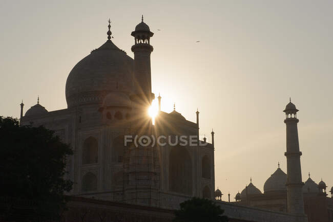 Taj Mahal silueta al amanecer, Agra, Uttar Pradesh, India - foto de stock