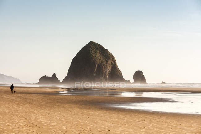 Vista de la roca de pajar y el mar brumoso, Cannon Beach, Oregon, EE.UU. - foto de stock
