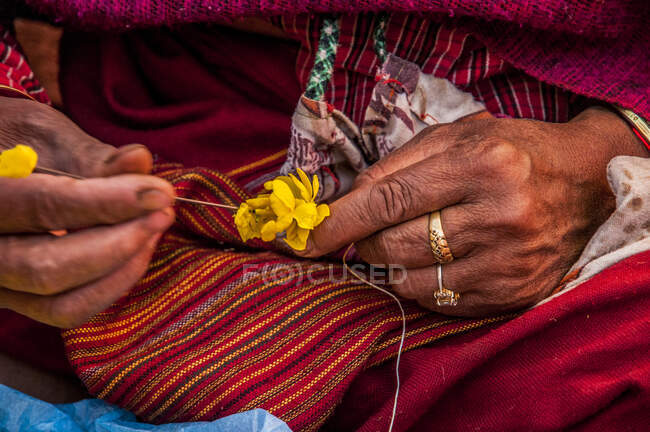 Woman holding prayer flowers, Durbar Square in front of the old — Stock Photo