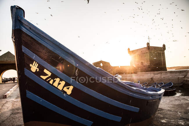 Close up view of small fishing boat in harbour, Essaouira, Morocco — Stock Photo