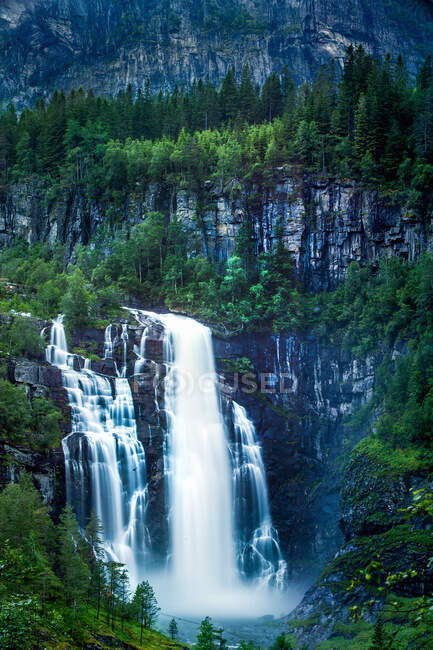 Skjervsfossen cachoeira cercada por pinhal e enorme penhasco — Fotografia de Stock