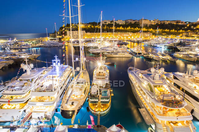Elevated view of superyachts in marina at Monaco yacht show — Stock Photo
