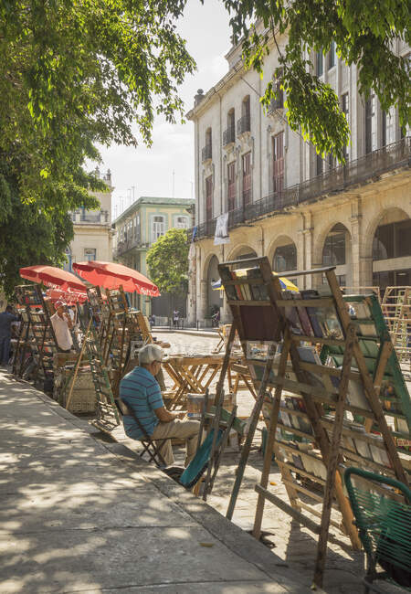 Flea market stall holder in Plaza de Armas, Havana, Cuba — Stock Photo