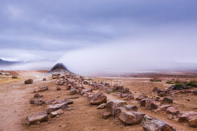 Rocky landscape and steam from geothermal spring, Namaskard — Stock Photo