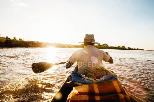 Vista posteriore dell'uomo barca a remi sufiume Tsiribihina, Madagascar, Af — Foto stock