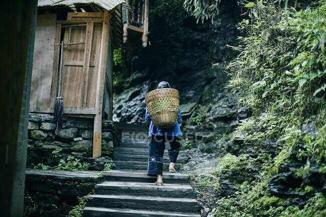 Woman carrying basket up steps, rear view, Fenghuang, Hunan, Chi — Stock Photo