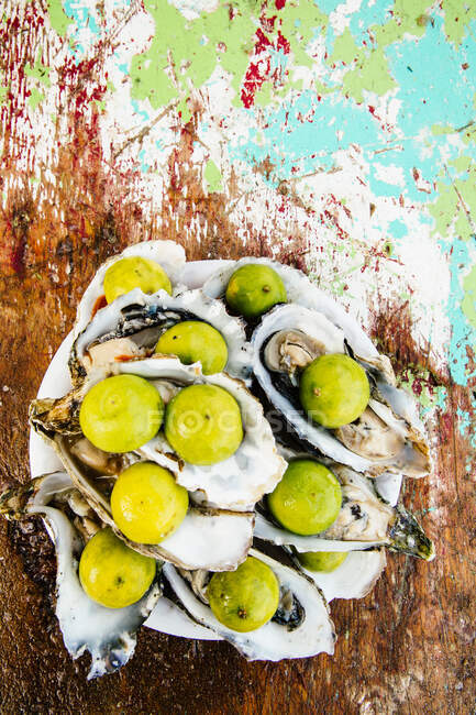 Overhead view of fresh oysters and limes, Popotla, Baja Californ — Stock Photo