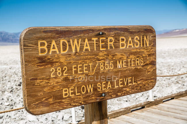 Wooden sign at Badwater, Death Valley, California, USA — Stock Photo