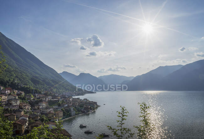 Elevated view of distant mountains at sunrise,  Lake Como, Italy — Stock Photo
