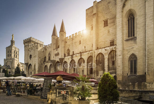 Palais des Papes et restaurant sur le trottoir, Avignon, Provence, — Photo de stock