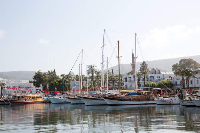 Sailboats moored in Bodrum harbour, Turkey — Stock Photo