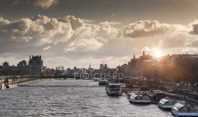 Elevated cityscape over Seine river, Paris, France — Stock Photo