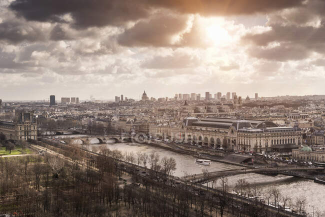 High angle cityscape over Seine river, Paris, France — Stock Photo