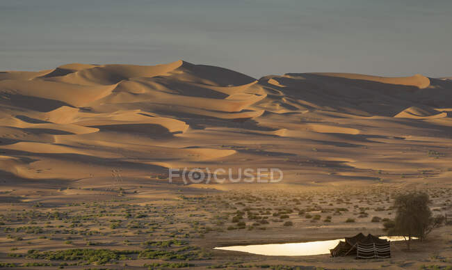 Beduinenzelt und riesige Sanddünen in der Wüste des leeren Viertels — Stockfoto